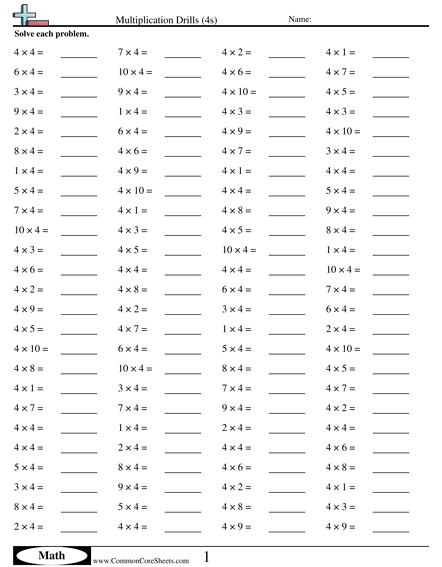 Multiplication Worksheets - 4s (horizontal) worksheet